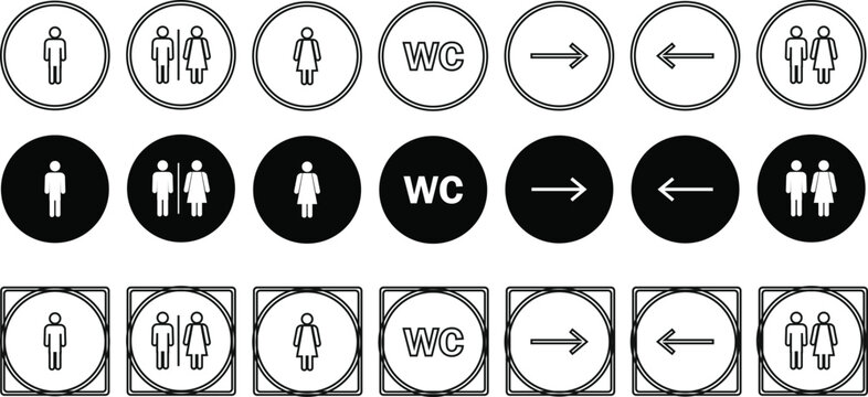 Restroom and Direction Sign Icon Collection, Toilet Wayfinding Symbol Vector Set