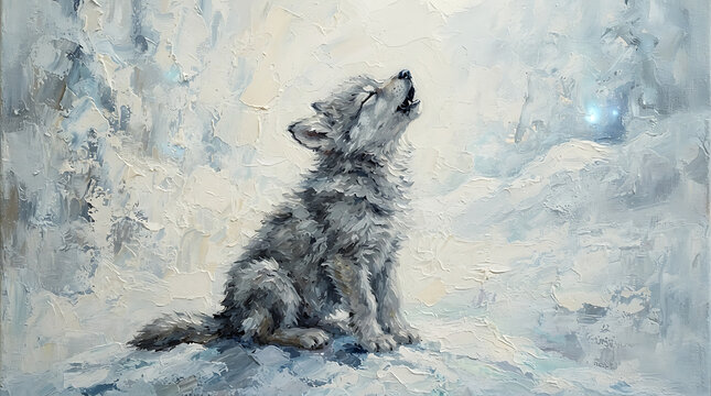 Little wolf pup howling in the snowy winter wilderness