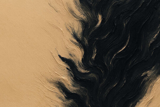 Abstract Black Paint Brush Strokes on Beige Textured Canvas Background