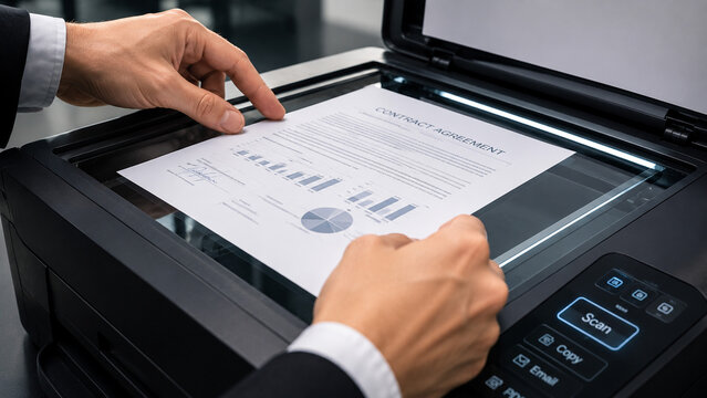 Close‑up of hands placing a document with charts and text on a flatbed scanner glass beside control buttons symbolizing digitizing reports and efficient office document management.