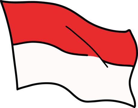 Hand drawn classic waving Indonesian flag vector illustration. Cute red and white bendera merah putih doodle isolated on white background for independence day design.