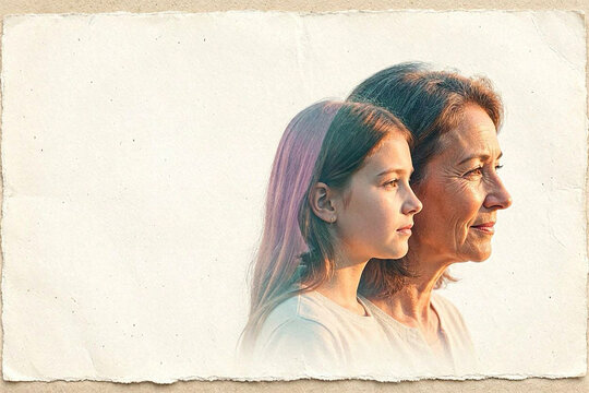 Vintage Double Exposure Portrait of Grandmother and Granddaughter