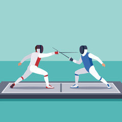 Obraz premium Flat vector illustration of two faceless fencers in white uniforms with red and blue accents engaged in a competitive duel on a grey piste against a minimalist teal background.