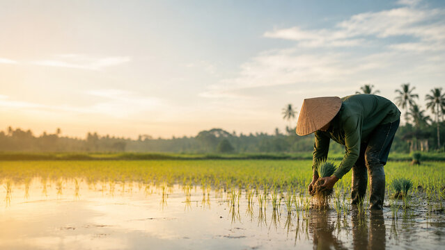 Asian Farmer Planting Rice Seedlings in Paddy Field During Sunrise