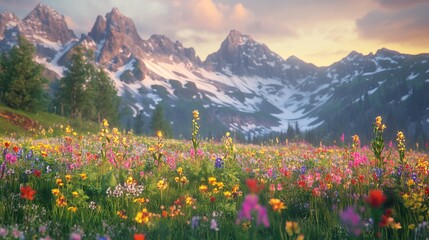 Fototapeta premium Peaceful alpine meadow filled with colorful wildflowers in front of snow-capped mountains at sunrise