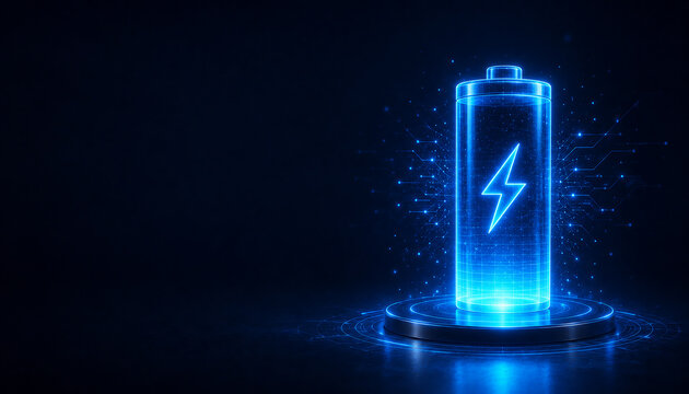 Glowing Blue Holographic Battery Icon on Futuristic Digital Pedestal
