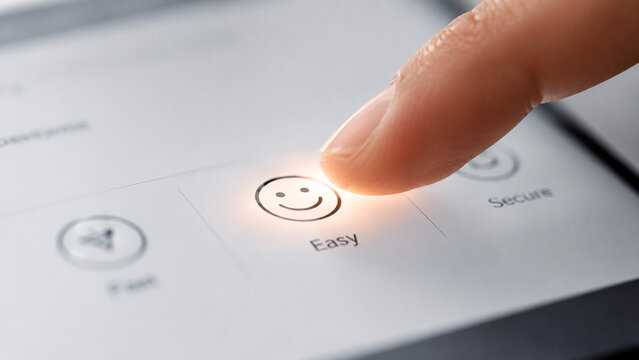 Close‑up of a finger pressing a touchscreen button with a smiling face icon labeled Easy alongside other options like Fast and Secure symbolizing positive interaction ease of use and technology prefer