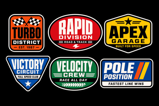 Six racing-themed emblem designs featuring various automotive and speed-related text and graphics on a black background.