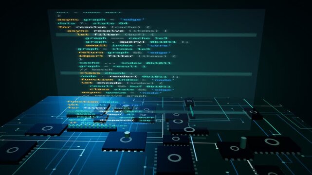 Floating code panel over a teal circuit board with parallel data bus traces 3D animation seamless loop