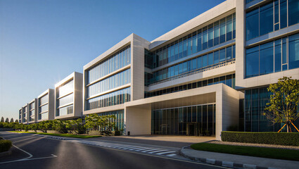 Obraz premium Modern corporate office building exterior with glass facade and manicured landscaping, building