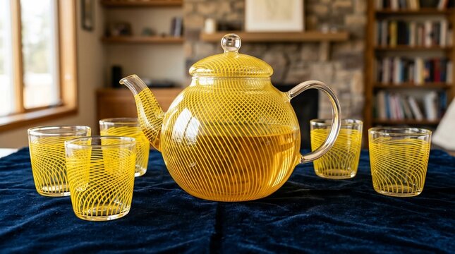 Yellow glass teapot and matching cups on a blue tablecloth