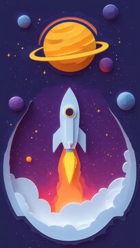 white rocket blasting off through fluffy clouds into starry purple space toward a large ringed yellow planet with colorful moons, evoking excitement and wonder