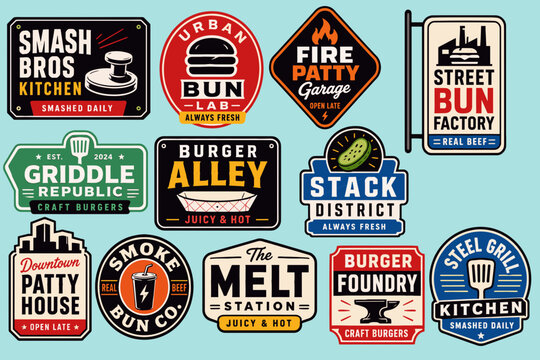 A vibrant collection of vintage-style burger restaurant logos and badges, featuring various burger-related elements, typography, and retro designs.