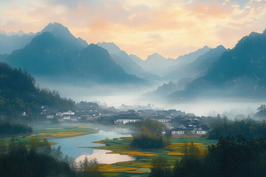 Misty mountain valley at sunrise with a peaceful riverside village, patchwork flooded fields and pastel sky, tranquil and ethereal atmosphere