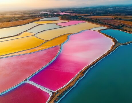 Aerial view of vibrant pink, yellow and turquoise salt evaporation ponds divided by earthen levees at sunset, creating surreal geometric patterns and a tranquil mood
