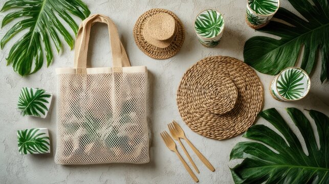 eco summer flat lay with mesh tote bag, tropical leaf printed cups and napkins, woven straw hats and placemats, wooden cutlery, and large monstera leaves conveying relaxed tropical vibe