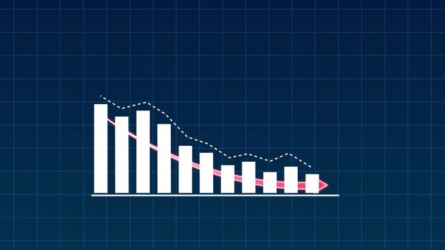 Glowing blue business bar chart with downward arrow and declining line curve. Symbolizing revenue drop, financial loss, negative growth, market downturn 4K