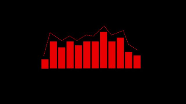 Business growing bar chart with dashed trend line showing market peak and decline. Ideal for financial risk analysis, sales decrease, and stock market volatilit