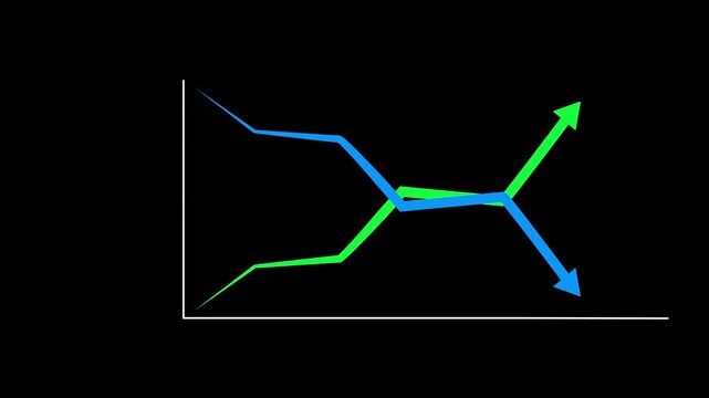 Business chart illustrating improving quality and cost reduction with blue upward and red downward arrows. Visualize performance optimization for business strategy, management and resource efficiency