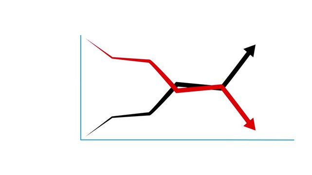 Business chart illustrating improving quality and cost reduction with blue upward and red downward arrows. Visualize performance optimization for business strategy, management and resource efficiency