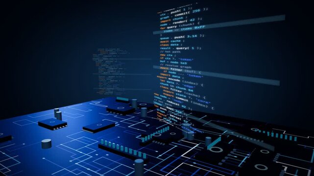 Source code beside a glowing circuit board with orthogonal copper traces cobalt tech 3D animation seamless loop