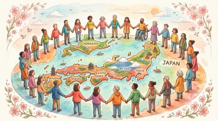 Obraz premium Diverse Group of People Holding Hands Around Map of Japan Including Cities Like Tokyo and Kyoto With Mount Fuji Cherry Blossoms and Boats