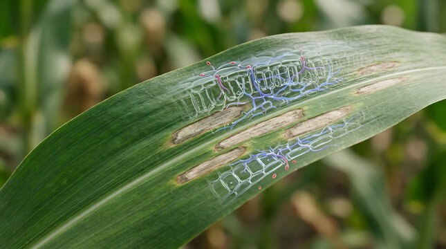 Corn leaf with visible blight markings incorporates a digital diagnostic overlay showing blue cellular pathways to demonstrate how parasitic damage affects the vascular system of the crop plant.