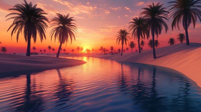 Peaceful desert oasis with palm trees reflected in calm water at sunset during summer