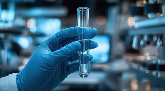 gloved hand holding a clear test tube with liquid in a clinical laboratory setting, microscopes and blurred equipment in the background conveying careful scientific focus