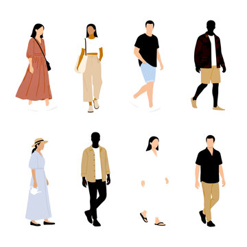Collection of modern flat people characters walking in casual outfits and everyday poses. Perfect for architecture, urban design, presentations, websites, mobile apps, and lifestyle illustrations.