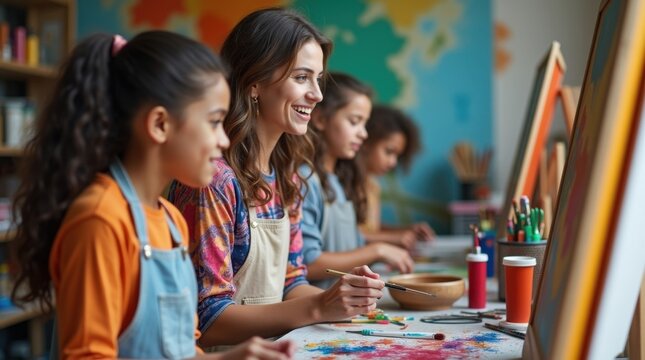 Profesora de arte pintando junto a sus alumnos en un estudio creativo lleno de vitalidad