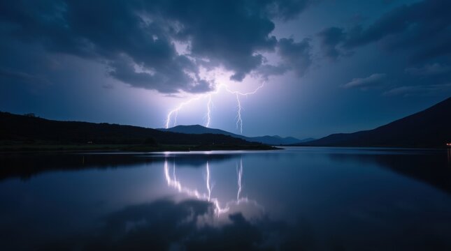 Tormenta el&eacute;ctrica con reflejos de rayos sobre un lago