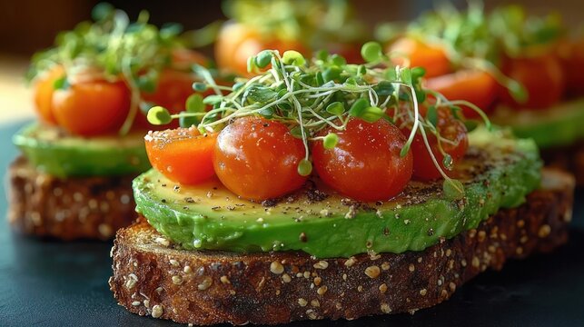 Fresh vibrant avocado toast topped with cherry tomato halves, microgreens, cracked pepper and sea salt on seeded whole grain bread, appetizing and wholesome