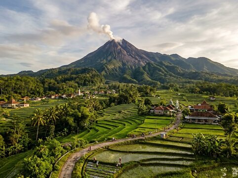 Mount Merapi volcano and rice terraces in Java Indonesia