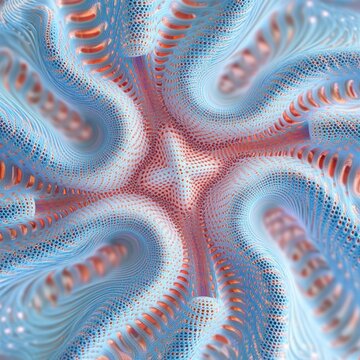 mesmerizing swirling organic tubular mesh of blue and coral ribbons with perforated lattice, smooth flowing curves and a star-like central convergence