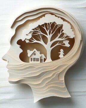 Layered papercut silhouette of a human head containing a house, large tree and small figure beneath branches, evoking peaceful nostalgia and introspection