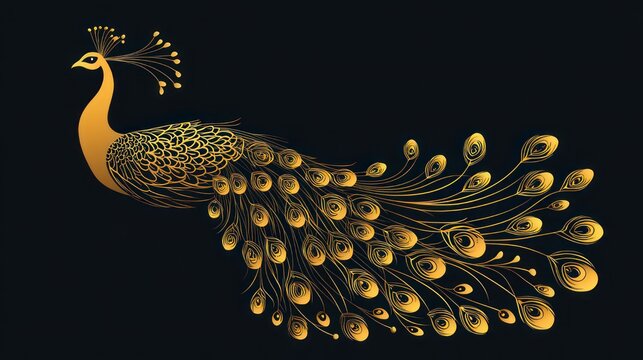 golden stylized peacock with long ornate flowing tail on a dark background, elegant and regal