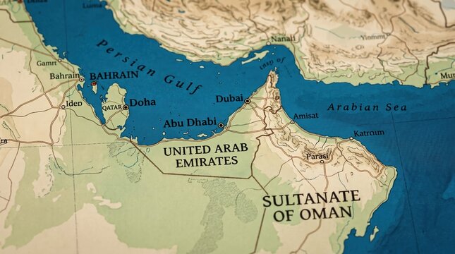 Middle East map showing Persian Gulf. Detailed atlas view of UAE and Oman region.