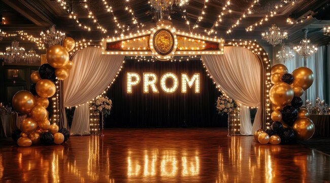 Glamorous prom ballroom with illuminated marquee letters, gold and black balloon columns, draped curtains, crystal chandeliers and a polished reflective dance floor