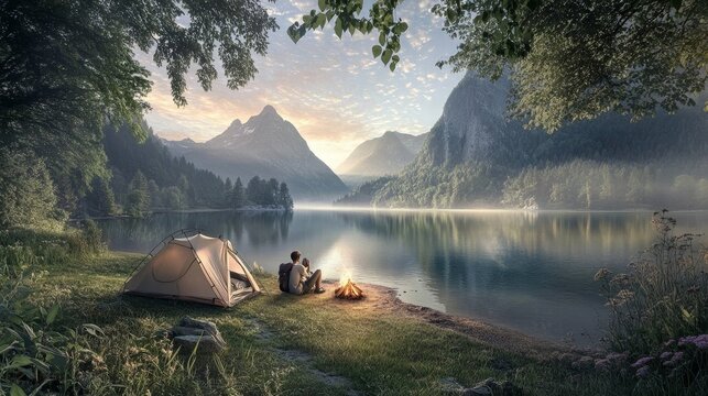 Peaceful mountain campsite with a tent and campfire beside a serene lake during a summer evening