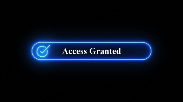 Neon glowing text box with Access Granted notification on black background for digital security concept technology,A glowing cyan neon rectangle containing a checkmark and the text Access Granted,