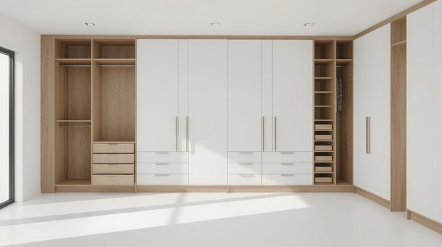 Spacious modern walk-in closet with modular shelving and natural light interior design