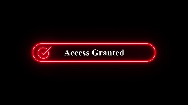 Neon glowing text box with Access Granted notification on black background for digital security concept technology,A glowing cyan neon rectangle containing a checkmark and the text Access Granted,