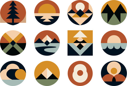 Minimalist geometric nature logo set with abstract circle landscape icons mountain sun pine tree sunset sea wave and boho adventure emblems on white background