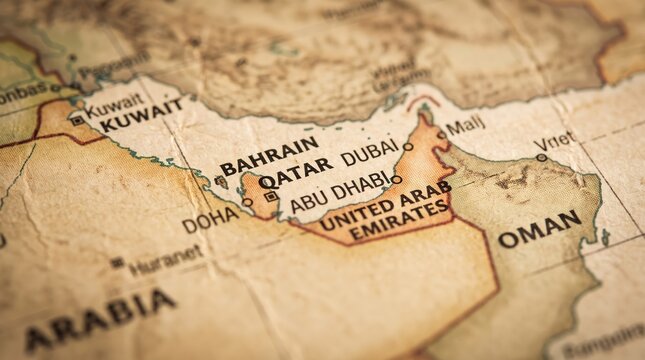 Middle East map focusing on Qatar. Vintage cartography showing Persian Gulf geography.