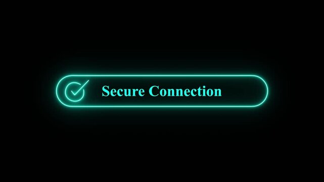 Neon glowing secure connection button with checkmark symbol isolated on black background for digital web security concepts,A vibrant glowing neon interface element displaying a secure connection confi