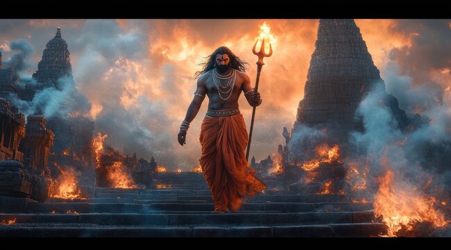 powerful ascetic warrior with flaming trident walks down ancient temple stone steps through smoke and flames under a fiery sky, commanding and ominous mood