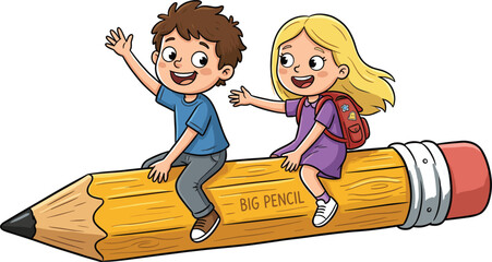 Happy Cartoon Boy and Girl Riding a Big Yellow Pencil Vector Illustration for Back to School, Childhood Education, and Creative Imagination Concept