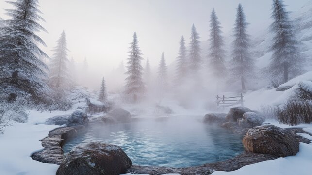 Peaceful mountain hot spring surrounded by snow-covered trees with steam rising into the cold winter air