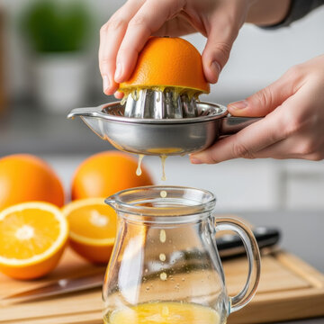 Person squeezing fresh orange juice with a metal hand press tool